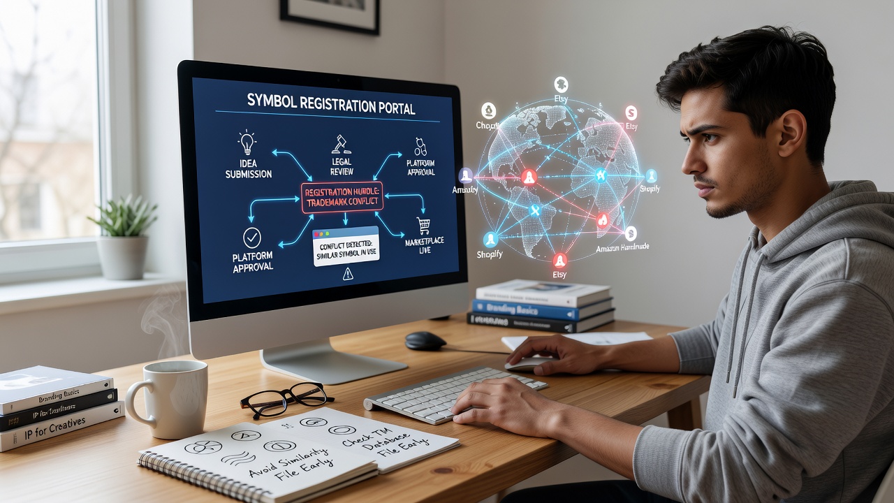 Creators examining platform guidelines and trademark databases for virtual symbol protection strategies